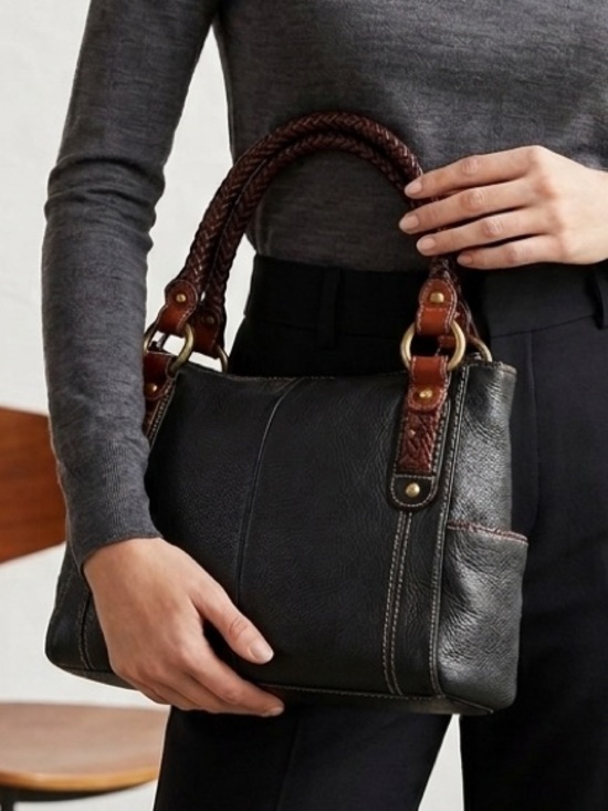 Fossil Handbags - Fossil black leather with cream‎ stitching, double braided handles,